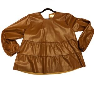 Mud Pie boho ruffled Tan Faux Leather Blouse size large boho